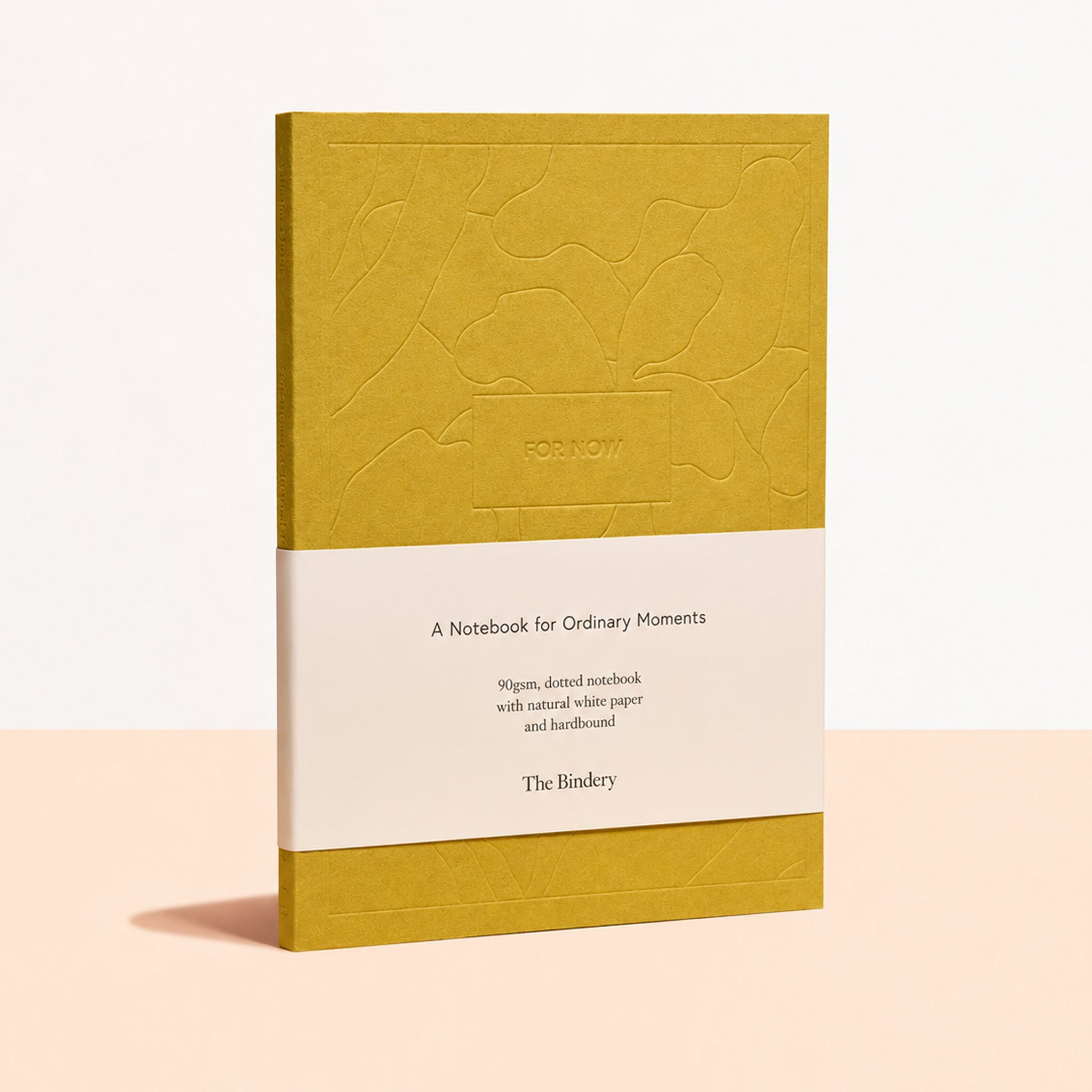 A notebook with a mustard yellow textured cover, a white paper band across the middle, and a matching yellow lower section. The front text reads 'A Notebook for Ordinary Moments' and shows the brand 'The Blindry'.